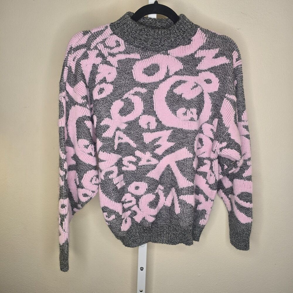 Vintage Abstract Knit Sweater Pink Gray Mock Neck Cozy Cottagecore Grandma Style